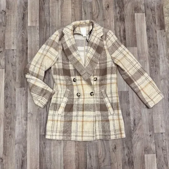 H&M Neutral tan plaid pea coat - Picture 2 of 6